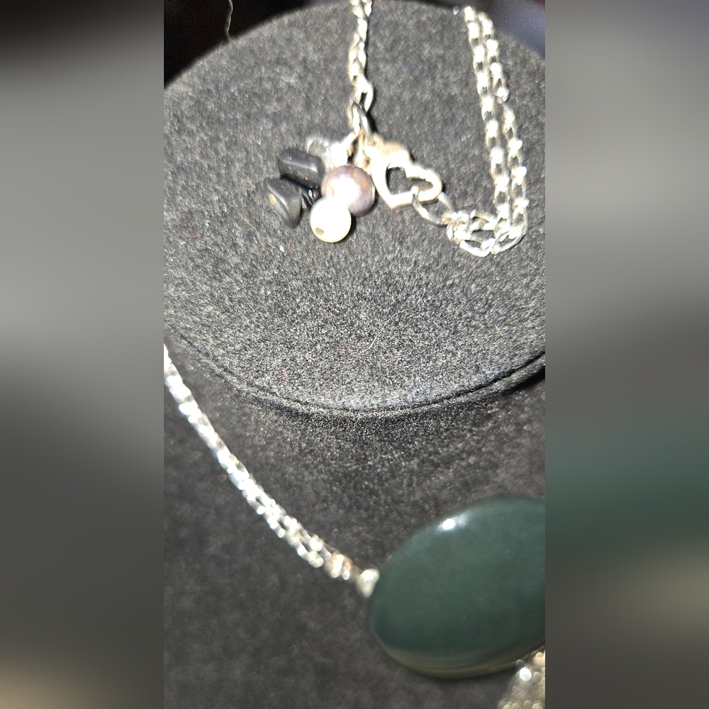 Black porcelain Pendant with Sterling Chain natural pearls obsidian & quartz 18" - Picture 5 of 7